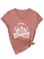 Close-up of camping-themed graphic on a dusty rose V-neck women's cotton T-shirt - S / Tops / Rose Gold