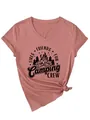 Close-up detail of dusty rose women's V-neck T-shirt with black Camping Crew graphic print - S / Tops / Dusty Pink