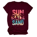 T-shirt da donna bordeaux a girocollo con stampa grafica Sun Salt Sand e tramonto - Taglia S / Top / Borgogna