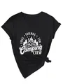Close-up of black V-neck t-shirt with white Camping Crew campfire graphic print - S / Tops / Black
