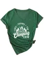 Close-up of green V-neck T-shirt with white Camping Crew campfire graphic print - S / Tops / Vintage Green