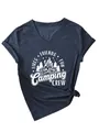 Women's V-neck camping t-shirt with navy blue heather fabric and fires friends fun print - S / Tops / Navy Blue