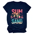 Dettaglio della t-shirt blu scuro da donna con stampa grafica colorata SUN SALT SAND - Taglia S / Top / Blu Notte