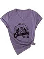 Detailed view of a women's purple V-neck T-shirt with a Camping Crew campfire graphic - S / Tops / Purple