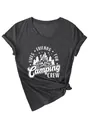 Detailed view of the camping crew graphic print on a charcoal V-neck tee - S / Tops / Black Heather Grey