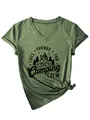 Detail of women's green V-neck T-shirt with Camping Crew graphic and knotted hem detail. - S / Tops / Olive Green