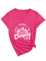 Close-up detail of the white Camping Crew campfire print on a pink V-neck cotton T-shirt - S / Tops / Rose Red