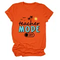 Camiseta naranja de mujer con manga corta y gráfico divertido de teacher mode off y palmeras - S / Tops / Naranja (Texto Negro)