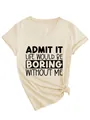 Λεπτομέρεια κρεμ μπλουζάκι V-neck με μαύρο τύπωμα σλόγκαν και κόμπο στο στρίφωμα - S / Tops / Χρώμα της Άμμου