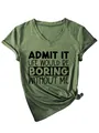 Λαδί γυναικείο μπλουζάκι V-neck με τύπωμα 'Admit It' και δέσιμο στο κάτω μέρος - Λαδί