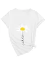 Detailed shot of a white V-neck T-shirt featuring a daisy and 'let it be' graphic - S / Tops / White (Black Print)