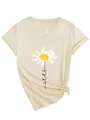 Close-up of V-neck short sleeve T-shirt featuring daisy and let it be script - S / Tops / Sand (Black Print)