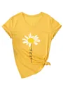 Detail view of yellow V-neck T-shirt featuring a daisy and 'let it be' text print - S / Tops / Yellow (Black Print)