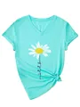 Macro view of turquoise V-neck T-shirt with a white daisy print and 'let it be' text - S / Tops / Deep Water Blue (Black Print)