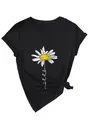 Détail du t-shirt noir à col en V pour femme avec motif marguerite et texte artistique - Noir (Imprimé Blanc)
