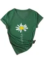 T-shirt vert col en V pour femme avec imprimé de marguerite blanche et texte let it be - Vert Vintage (Imprimé Blanc)