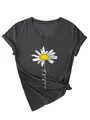 Détail de l'imprimé marguerite et du texte sur un t-shirt gris col en V pour femme - Gris Chiné (Imprimé Blanc)