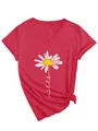 Vue détaillée d'un t-shirt rouge à col en V pour femme avec motif marguerite et nœud - Rouge (Impression Blanche)