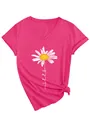 Vue détaillée de l'imprimé marguerite et du texte 'let it be' sur t-shirt rose à col en V - Rouge Rose (Imprimé Blanc)