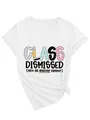 Detailed view of 'Class Dismissed' graphic on white women's V-neck short sleeve T-shirt - S / Tops / White
