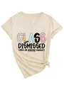 Close-up of beige V-neck T-shirt with 'Class Dismissed' graphic print and side knot. - S / Tops / Sand
