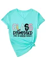Detailed view of the mint green V-neck T-shirt with 'Class Dismissed' graphic print. - S / Tops / Deep Water Blue