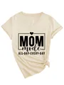 Close-up of beige women's V-neck T-shirt with black Mom Mode graphic print design - S / Top (3812) / Sand (Black Font)