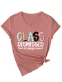 Women's pink V-neck short sleeve T-shirt featuring a colorful Class Dismissed graphic print - S / Tops / Rose Gold