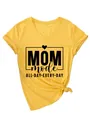 Close-up of yellow V-neck T-shirt with Mom Mode slogan print and stylish front knot - S / Top (3812) / Yellow (Black Font)