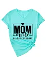 Detailed view of the Mom Mode All Day Every Day slogan print on a soft teal V-neck T-shirt - S / Top (3812) / Deep Water Blue (Black Font)