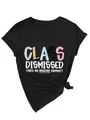 Stylish black V-neck T-shirt featuring a colorful 'Class Dismissed' graphic print design - S / Tops / Black