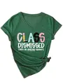 Detailed view of women's dark green V-neck T-shirt with Class Dismissed graphic print - S / Tops / Vintage Green
