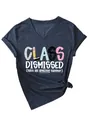 Close-up detail of the 'Class Dismissed' graphic print on a navy blue V-neck T-shirt - S / Tops / Navy Blue