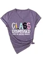 Close-up of Class Dismissed printed V-neck purple heathered t-shirt for women - S / Tops / Purple