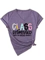 Detailed view of the Class Dismissed graphic print on a purple V-neck short sleeve t-shirt - S / Tops / Purple