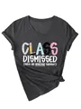 Detailed view of the artistic Class Dismissed print on a charcoal gray V-neck T-shirt - S / Tops / Black Heather Grey