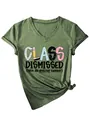 Detail view of 'CLASS DISMISSED' print on a green V-neck cotton T-shirt - S / Tops / Olive Green