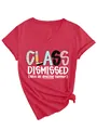 Detail view of the decorative 'Class Dismissed' print on a red heathered V-neck T-shirt. - S / Tops / Red
