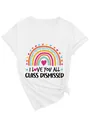 Detailed view of white V-neck T-shirt featuring a colorful rainbow and 'Class Dismissed' print. - S / Tops / White