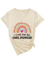 Detail of cream V-neck T-shirt with rainbow I Love You All Class Dismissed print - S / Tops / Sand