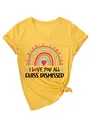 Detail view of a yellow V-neck T-shirt featuring a colorful rainbow and teacher quote print - S / Tops / Yellow
