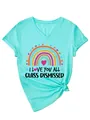 Detailed view of women's V-neck T-shirt with vibrant rainbow print and teacher slogan - S / Tops / Deep Water Blue