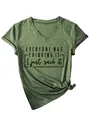 Détail d'un t-shirt vert col en V pour femmes avec l'imprimé 'EVERYONE WAS THINKING' - Vert Olive (Texte Noir)
