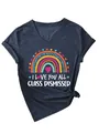 T-shirt gris foncé col en V pour femme avec arc-en-ciel et imprimé I LOVE YOU ALL. - S / Hauts / Bleu Marine