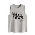 Detalle de camiseta gris sin mangas holgada con texto Just a Small Town Girl - S / Tops / Gris claro