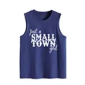 Detailed view of dark blue loose sleeveless tank top with white graphic text print - Vintage Blue