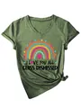Vue détaillée d'un t-shirt femme vert olive à col en V avec imprimé arc-en-ciel et cœur - S / Hauts / Vert olive