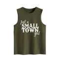 Close-up of olive green tank top with just a small town girl print - Army Green