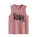 Detailed view of a mauve casual loose tank top for women with small town girl print - Rose Gold