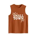 Front view detail of rust orange women's tank top with just a small town girl print - Burnt Orange